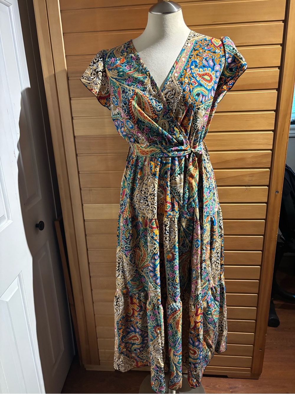 BNWOT  Multicolor Paisley Wrap Maxi Dress - V-Neck, Short Sleeve